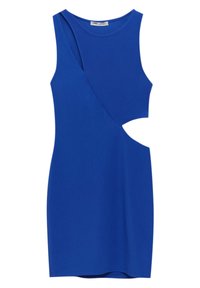 Královsky modré bezrukávové šaty vyrobené z elastického materiálu. Mají jedinečný výřez a asymetrický design na levém rameni.