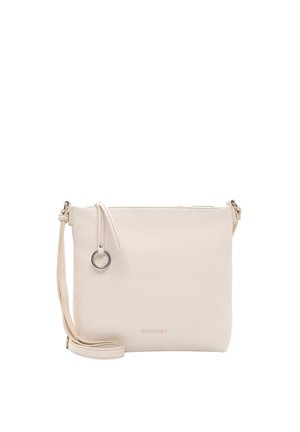 Beige leather crossbody bag with textured surface, zipper closure, and adjustable strap. Features a metal ring accent on the front.