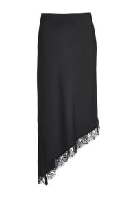 Jupe midi asymétrique noire avec bordure en dentelle le long de l'ourlet incliné, présentant un design lisse et ajusté.