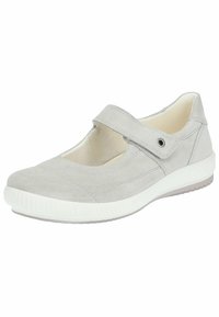 Zapatos Mary Jane en gris claro con parte superior de ante texturizado, corte de malla transpirable, correa ajustable de Velcro y suela de goma blanca.