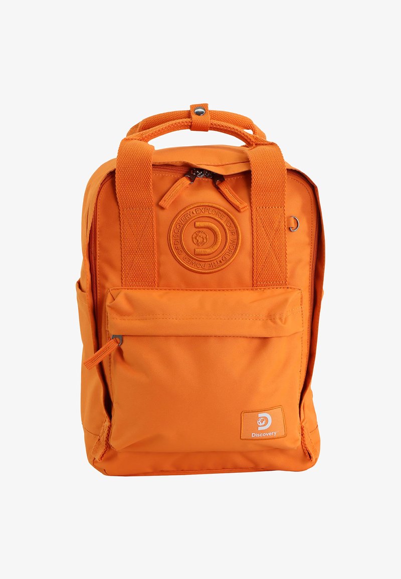 Orange backpack with a rectangular design, made of durable fabric. Features a front pocket, top handle, and embossed logo detail.