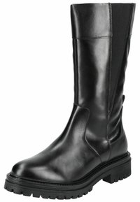 Botte noire en cuir, haute jusqu'au genou, avec une finition lisse, une semelle robuste et des coutures renforcées. Design classique avec un bout légèrement arrondi.