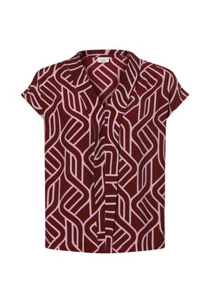 Bordeauxfarbluse mit kurzen Ärmeln, einem V-Ausschnitt und einem geometrischen rosa Muster. Aus leichtem Stoff mit glatter Textur.