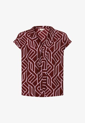 Bordeauxfarbluse mit kurzen Ärmeln, einem V-Ausschnitt und einem geometrischen rosa Muster. Aus leichtem Stoff mit glatter Textur.