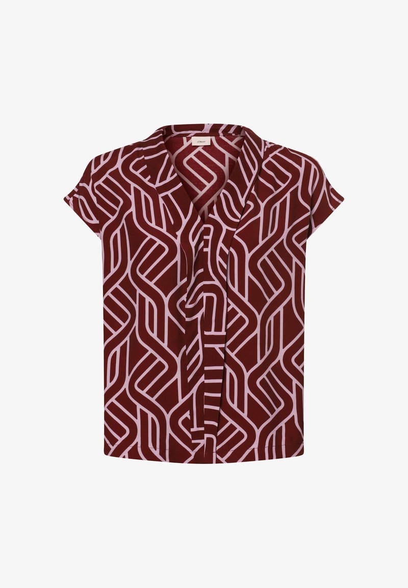 Blouse bordeaux avec des manches courtes, un décolleté en V et un motif géométrique rose. Fabriquée en tissu léger avec une texture lisse.