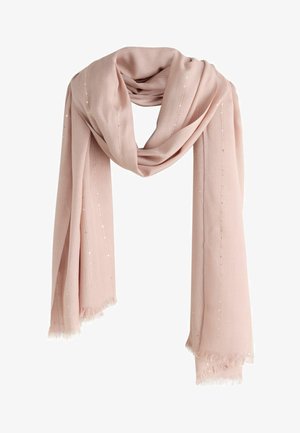 Miękki różowy szalik z subtelnymi pionowymi srebrnymi cekinowymi paskami, luźno ułożony z frędzlami na brzegach na białym tle.