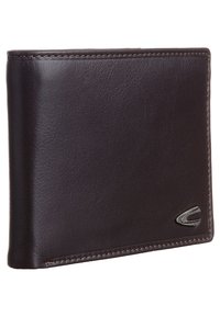 Portefeuille en cuir brun avec une texture lisse, design pliant, coutures contrastées et un petit logo argenté accentué dans le coin inférieur.