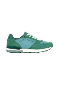 Baskets de sport vertes et teal en matériau suédé et synthétique, avec un design à lacets, un col rembourré, une semelle intermédiaire blanche et une semelle extérieure en caoutchouc texturé.