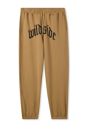 Pantaloni da jogging marroni con vita elastica, dotati di tasche laterali e design testuale "wildside" nero sulla parte anteriore. Materiale in cotone morbido.