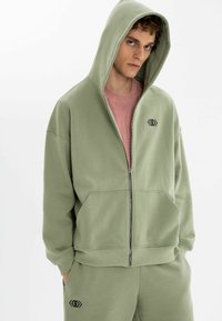 Ljusgrön zip-up hoodie med en avslappnad passform, med huva, framfickor och en broderad logga på vänster sida.