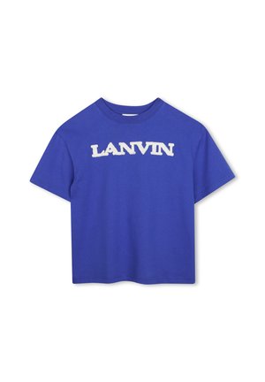 Niebieski T-shirt z krótkim rękawem z białym tekstem strukturalnym ""LANVIN"" na środku klatki piersiowej, z okrągłym dekoltem i prostym brzegiem.