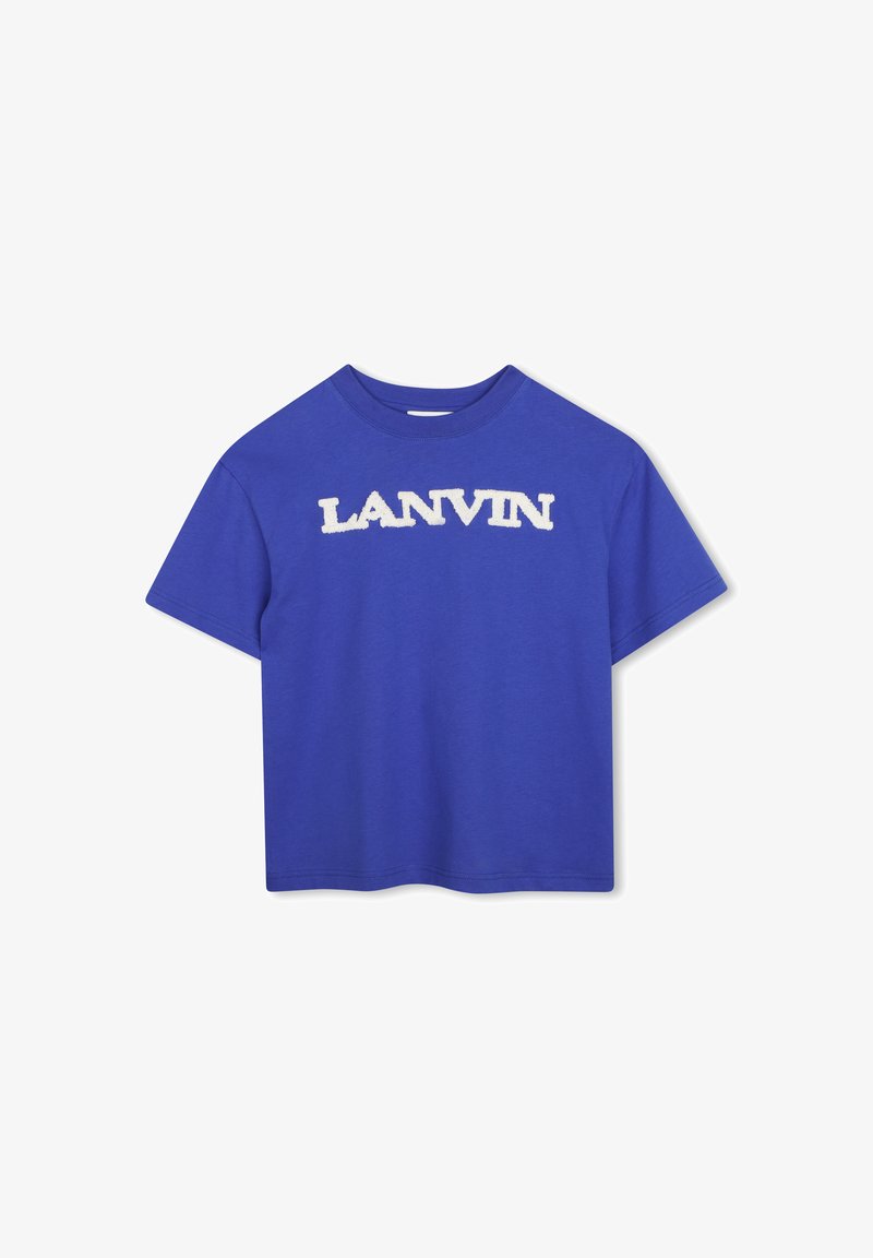 Μπλε κοντομάνικο T-shirt με λευκό κείμενο με υφή «"LANVIN"» στο κέντρο του στήθους, με στρογγυλή λαιμόκοψη και ίσια τελειώματα.
