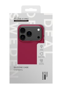 Cranberry siliconen hoes voor iPhone 17 Pro, met uitsparingen voor cameralenzen en MagSafe-compatibiliteit. Gecorrodeerd oppervlak, valbestendig getest.