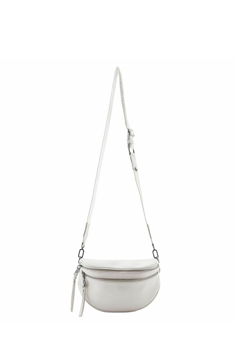 Borsa a tracolla in pelle bianca con hardware argentato, doppi scomparti con zip e tracolla regolabile. Texture liscia e forma curvata.