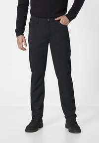 Dark gray trousers made of textured fabric, featuring a straight leg design, front pockets, and a button closure. Accented with stitching details.