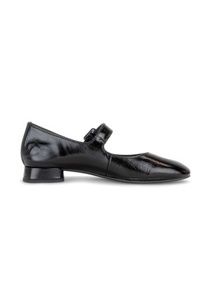 Schwarzer Mary Jane-Schuh mit niedrigem Absatz, glänzender Oberfläche und einem einzelnen Riemen mit Schnallenverschluss über dem Spann.