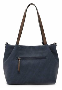 Borsa a tracolla blu navy con due manici marroni, texture morbida, tasca frontale con zip e una forma rilassata e sfatta.