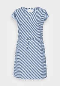 Robe rayée bleu et blanc avec manches courtes, encolure ronde et taille à cordon ; présente des rayures diagonales et une coupe décontractée.