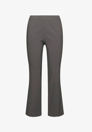Pantaloni grigi a campana con un elastico in vita, realizzati in tessuto liscio e con un design snello, che offrono una silhouette aderente.