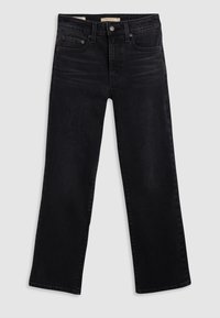 Jean en denim noir avec une coupe droite, cinq poches, couture visible et fermeture à bouton. Texture lisse et look classique.