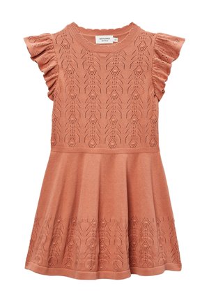 Robe en maille rose pour filles avec manches courtes à volants et détails imprimés sur le corsage et l'ourlet, taille 8 ans.