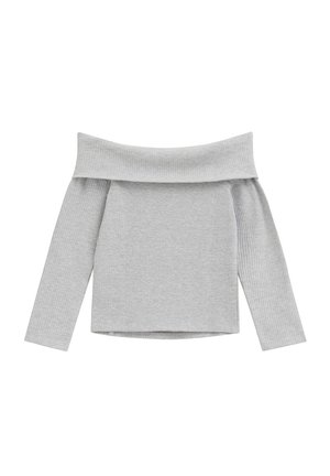 Haut en maille côtelée gris clair à manches longues et épaules dénudées, avec un large col plié et une silhouette ajustée.