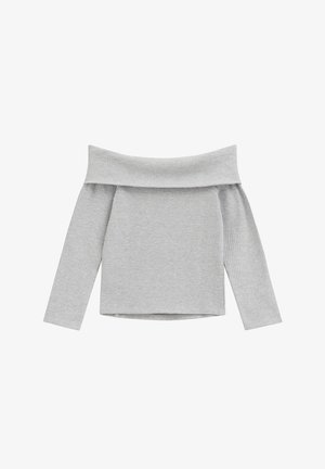 Lysegrå ribstrikket off-shoulder langærmet top med bredt foldet halsudskæring og tætsiddende silhuet.