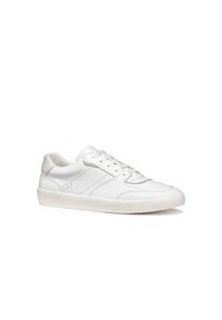 Sneakers in pelle bianca con una texture liscia, punta rotonda e allacciatura frontale. Presentano perforazioni laterali e una suola in gomma testurizzata.