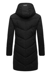 Black padded coat with a hood, featuring chevron stitching design. The fabric has a smooth texture and is mid-length with long sleeves.