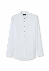 Weißes Langarmhemd mit Stehkragen, mit dunkelblauen Knöpfen vorne und kontrastierenden Manschetten. Glatte Stofftextur.