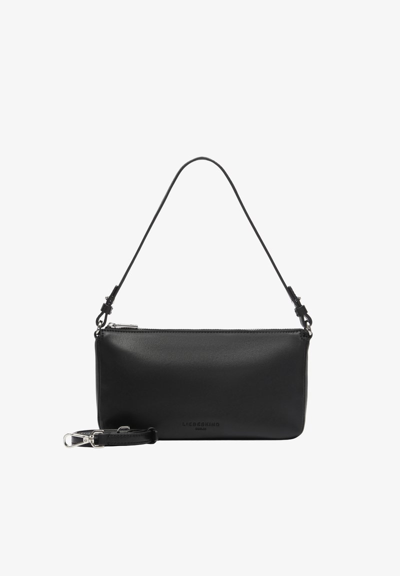 Schwarze Leder-Schultertasche mit rechteckiger Form, Reißverschluss und abnehmbarem Schulterriemen, vorn mit dem Markenschriftzug "LIEBESKIND BERLIN".