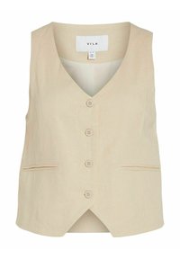 Béžová lněná vesta s výstřihem do V, pěti knoflíky vpředu a dvěma bočními kapsami. Hladká textura a střižený design.