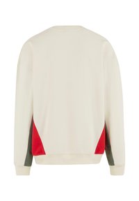 Helle beigefarbene Sweatshirt mit roten und olivgrünen Seitenelementen. Rundhalsausschnitt, gerippte Bündchen und Saum, weicher Stoff. Schlichter, moderner Schnitt.