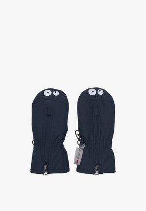 Marinblå vantar med elastiska handledar, framdragkedjor, klämfästen och vita lekfulla ögonmönster nära fingertopparna.