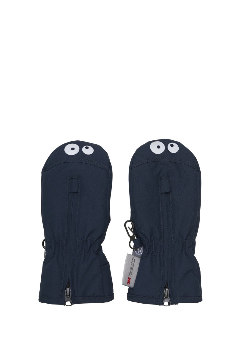 Navyblaue Fäustlinge mit elastischen Bündchen, Frontreißverschlüssen, Clipverschlüssen und weißen verspielten Augendesigns nahe den Fingerspitzen.