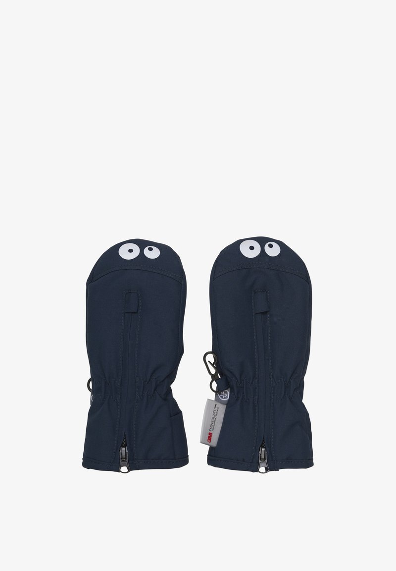 Navyblaue Fäustlinge mit elastischen Bündchen, Frontreißverschlüssen, Clipverschlüssen und weißen verspielten Augendesigns nahe den Fingerspitzen.
