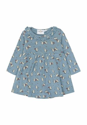 Robe bébé bleue à manches longues avec taille froncée, encolure volantée et motif lapin blanc tenant des enveloppes rouges.