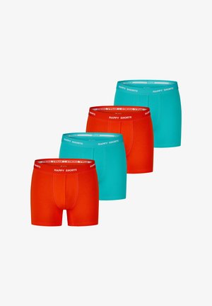 Vier Paare enganliegender Boxershorts, zwei orange und zwei türkis, mit weißen Gummizügen, die mit "HAPPY SHORTS" beschriftet sind. Glatte Stoffstruktur.