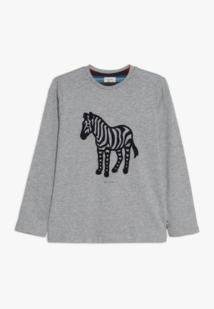 Szara koszula z długim rękawem z bawełny, z granatowym wzorem zebry umieszczonym na środku przodu, okrągłym dekoltem i kontrastowym wykończeniem.