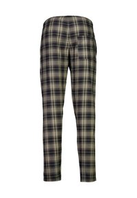 Geruite broek met een relaxte pasvorm, voorzien van een zwart-beige ruitpatroon, elastische tailleband en één achterzak.