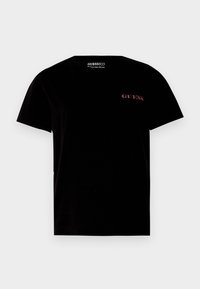 Black short-sleeve t-shirt made of organic cotton featuring the "GUESS" logo in pink rhinestones on the left chest area.