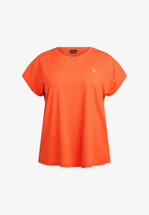 Orange kortærmet T-shirt lavet af glat stof, med en rundet halsudskæring og et lille dekorativt mønster på venstre bryst.
