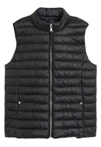 Gilet sans manches noir en duvet avec un col haut, doté de motifs matelassés horizontaux, d'une fermeture éclair sur le devant et de détails métalliques à pression.