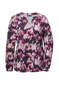 Langärmlige Bluse mit V-Ausschnitt und einem abstrakten Blumenmuster in Lila-, Pink- und Schwarztönen aus einem leichten Stoff.