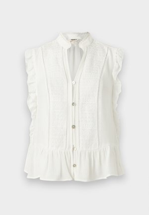 Λευκό αμάνικο μπλουζάκι με κουμπιά, γιακά με βολάν, δαντελένιο κέντημα και βολάν στο τελείωμα, κατασκευασμένο από ελαφρύ ύφασμα.