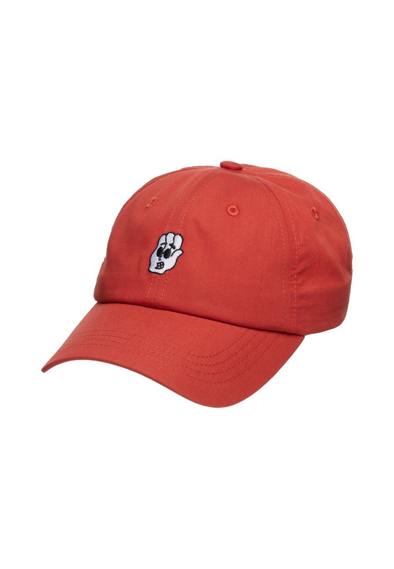 Red cotton baseball cap with a curved brim and embroidered white hand design on the front. Features ventilation eyelets and adjustable strap.