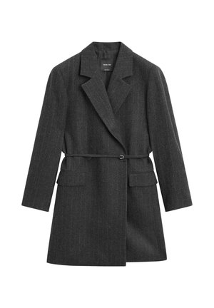 Donkergrijs mantel van wollenmix met krijtstreepjespatroon, gestructureerde schouders, revers met inkeping, taille met ceintuur en twee voorkantenzakken.