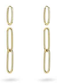 Goldfarbene Tropfhänger mit länglichen ovalen Gliedern. Glatte Oberfläche, minimalistisches Design, mit zwei oberen Schlaufen und drei miteinander verbundenen Teilen.