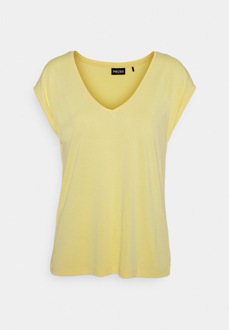 T-shirt jaune à col en V avec manches courtes retroussées, en tissu doux. Design simple sans motifs ni ornements.