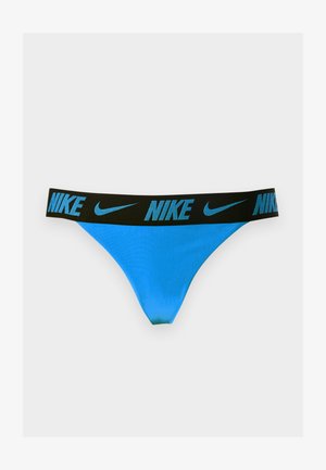 Blue thong-style underwear with a black waistband featuring repeated blue Nike logos and swoosh symbols.